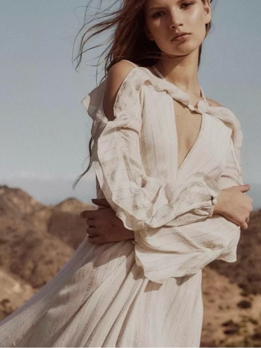 FREE PEOPLE Huxley Maxi Dress Ruffle Cutout Open Back Metallic Stripe Boho Sz M - Picture 1 of 15